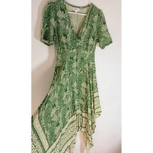 Green Floral Asymmetrical V-Neck Dress